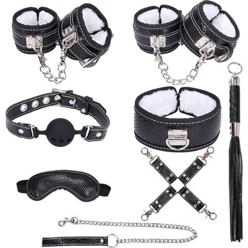 8Pcs Velvet Handcuffs Ankle Cuffs Gag Whip Collar Erotic Toy PU Leather Fetish Sex Bondage Restraint Set Sex Toy for Couple Men