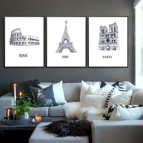 Black White Modern City World Architecture Sketch Decoration Canvas Print Painting Wall Art Living Room Home Decor Unframed