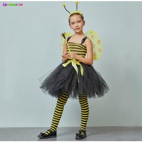 Bumble Bee Girls Tutu Dress with Wings & Headband Animal Insect Fancy Dress Up Halloween Kids Child Costume Cosplay Dress