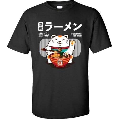 Fortune Ramen 100% Cotton Men Short Sleeve T Shirt Normal Summer/Autumn T-Shirt Sweatshirts Cute Cat Noodle Tshirt