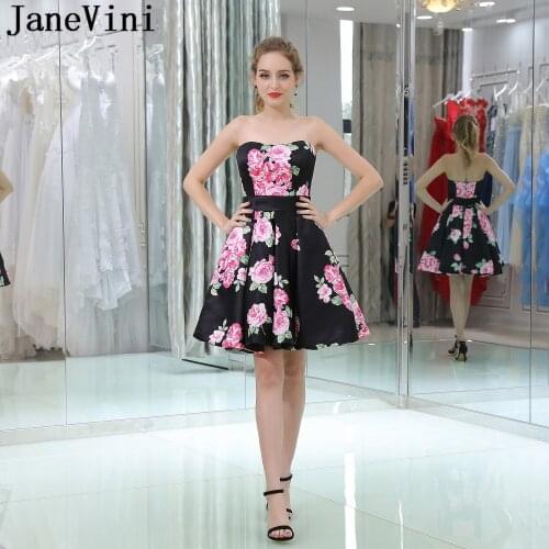 JaneVini Floral Short Homecoming Dresses 2019 Strapless Satin Black Pink Flowers Pattern Graduation Dress Knee Length Party Gown