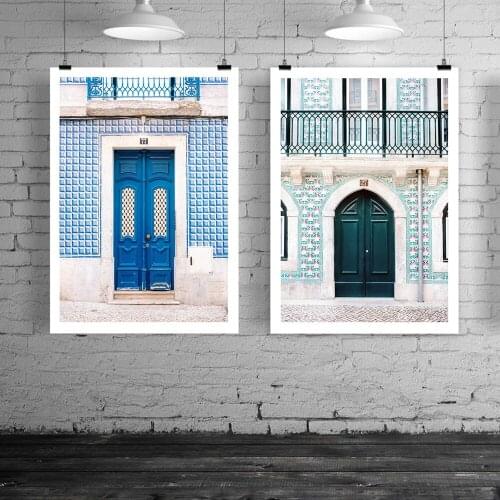 The Blue Door Lisbon Portugal Canvas Painting Modern Green Door Posters Print Scandinavian Wall Art Pictures Living Room Decor