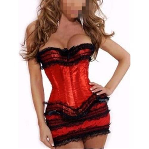 Hot red sexy corset dress plus size lace up bow corset bustier top with ruffled skirt women gothic burlesque overbust Corset 6XL