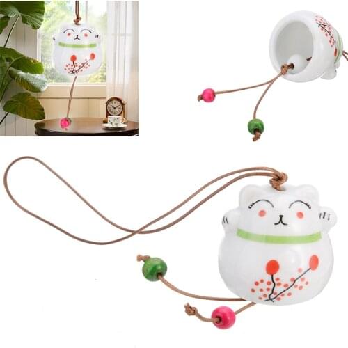 Ceramic Lucky Cat Pendant Wind Chimes Enamel Cat Garden Hanging Door Car Ornament Wind Chimes Home Decoration Crafts Gifts