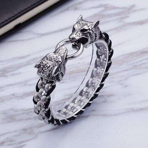 New punk jewelry stainless steel double wolf head buckle titanium steel braided mens bracelet