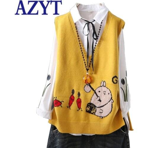 AZYT Autumn Pullover V Neck Sweater Vest Cartoon Print Knit Sleeveless Jacket Female 2021 Casual Streetwear Waistcoat For Women