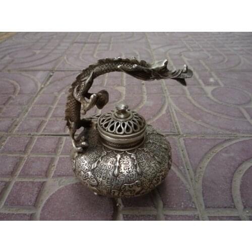 Distinctive Old Ming Dynasty silver censer/ incense stove,Carved dragon,wonderful design, Free shipping