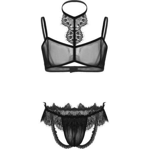 See-Through Sheer Mesh Lace Gay Underwear Bra Top with G-strings Thongs Panties Hot Sexy Men Crossdressing Sissy Lingerie Set