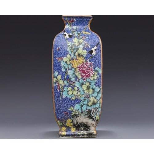 Qing Dynasty Yong Zheng year mark enamel blue square flower and bird celestial bottle antique porcelain ancient porcelain