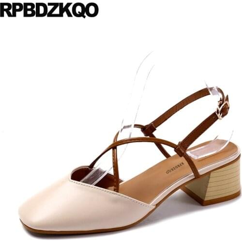 Slingback Japanese Medium Heels Pumps Cross Strap Strappy Elegant Women Shoes Brown Block Sandals High Square Toe 2018 Beige New