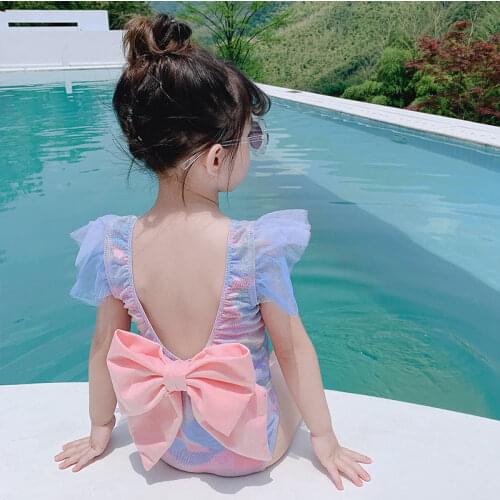 PIZZSEOON Swimsuit for Girl Kids Girl Bowknot Ruffled Tie Dye Swimsuit with Swimming Cap Shoes One Pieces Swim Wear for Children