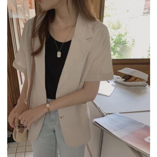 Korean knitted T-shirt retro VITIANA Women Thin Coat Spring ins cotton and linen suit 2021 summer casual ladies small suit short