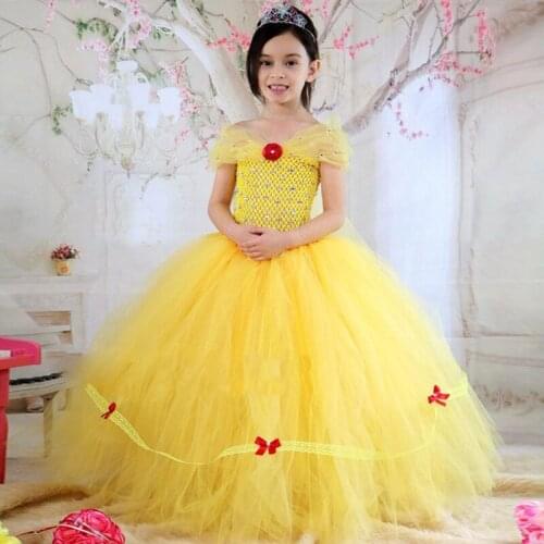 Yellow Flower Girls Party Tutu Dresses Rhinestone Shining Princess Children Birthday Wedding Clothes Toddler Baby Girls Dresses