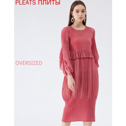 2021 Spring Simple Design Girly Sense Fresh and Sweet Folds Puff Sleeve Lantern Dresses Long Dress Female MIYAKE Pleats Vestido