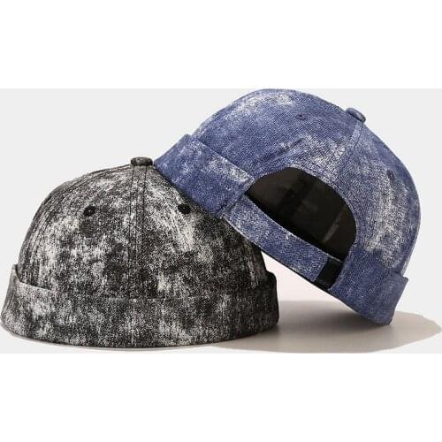 Tie Dye Vintage Adjustable Brimless Unisex Melon Cap No Visor Personality Hip Hop Denim Material Beanie Skull Cap