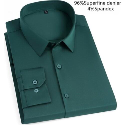 Green Solid Shirt Mens Casual Slim Long Sleeve Shirts Men Work Formal Camisa Non Iron Elasticity Superfine Denier Chemise Homme