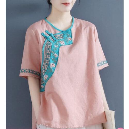 New 2021 Summer Oversized Cotton Linen Shirt Women Chinese Vintage embroidery Irregular Loose Comfortable Female Tops Shirts
