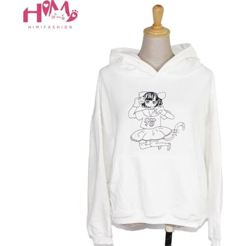 Himifashion Brand Women Hoodies Sweatshirt White Cute Cat Girl Cartoon Prints Cotton Hoody With Cap Pink Cute Keep Warm Hoodies