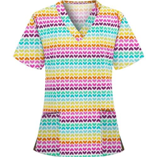 40# Women Valentines Day T-shirts Tops Work Nurse Uniform Short Sleeve V-neck T-shirts Tops Working Uniform T-shirts Tunics