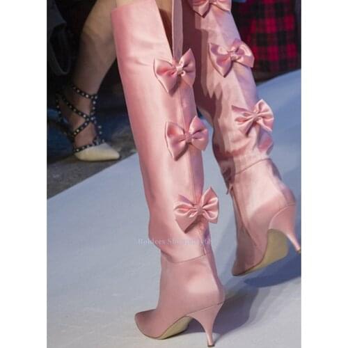 Women Boots Long Pink Blue Knee 5cm High Stiletto Heeled Boots Female Pointed Toe Heeled Slip On Bowtie Designer Long Boots