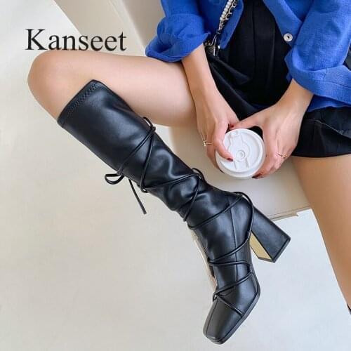 Kanseet Thick High Heel Women Knee-High Boots 2021 Autumn Winter New Square Toe Handmade Stretch Female Long Boots Black Size 40