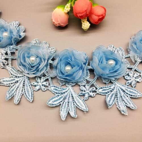 1 yard 7.8CM Blue Lace Ribbon Pearl Beaded 3D Flower Embroidered Lace Trim Applique Patches Fabric Sewing Craft Wedding Dress