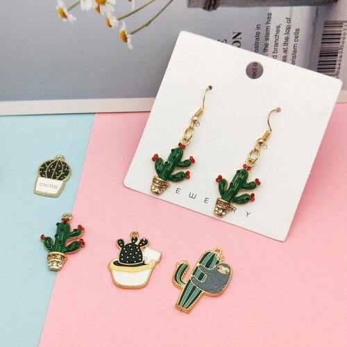 10 pcs/lot Potted Cactus Enamel Charms Dangle Oil Drop Metal Plants Charms Pendants Fit Making Earrings Jewelry DIY Accessories