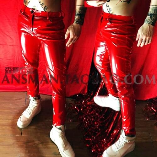 Custom 2019 bar nightclub male singer DJ DS GOGO red stretch patent leather slim faux leather pants costume