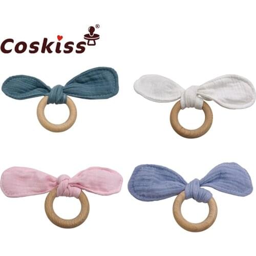 Coskiss 1PC Wooden Teether Bunny Ear Wooden Rings Baby Bib Cotton Towel For DIY Bracelet Pendant Nursing Newborn Baby Product