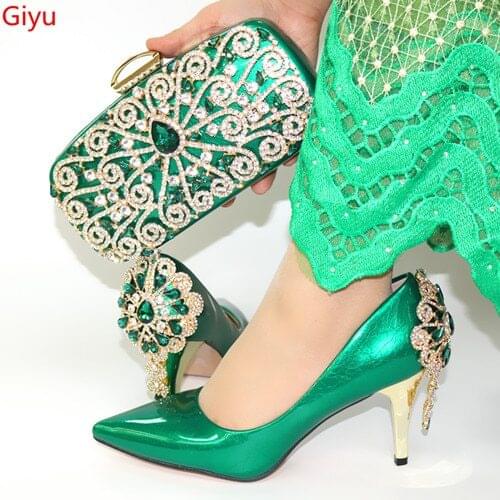 Doershow Shoes and Bag Set African Sets 2019 green Color Italian Shoe Bag Set Decorated with Rhinestone High Quality!SYT1-9
