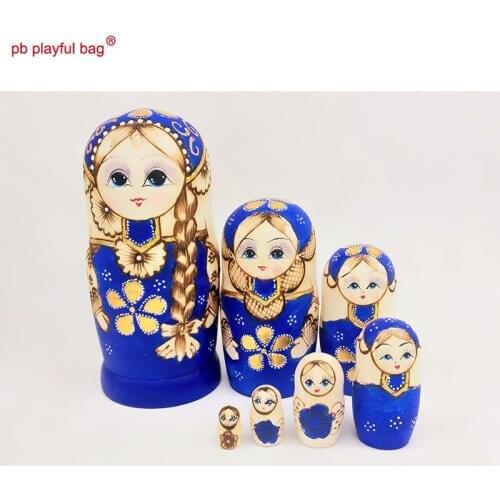 PB Playful bag Seven layer blue braided girl Russian Dolls Wooden childrens toy set Crafts lovers birthday gift HG32