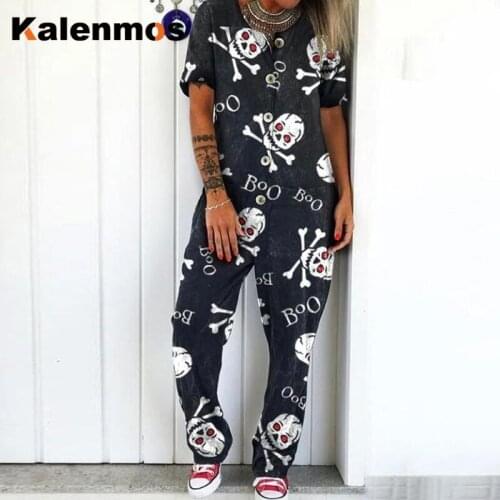 Jumpsuit Women Casual Bodysuit Summer Pants Skull Punk Gothic Long V Neck Short Sleeve Buttons Wide Leg Pants Loose Streetwear