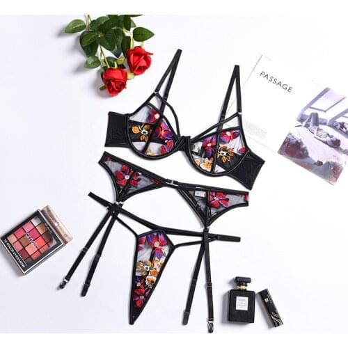 3 Pieces Set Women Floral Embroidery Sensual Lingerie Underwear Set Lace Erotic Costumes Gathered Underwire Bra Exotic Underwear