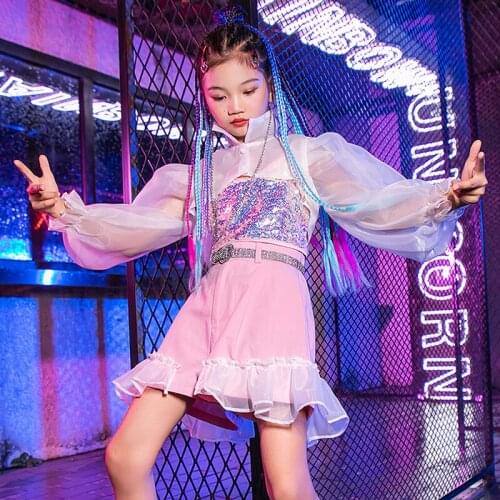 Girls Jazz Dance Suit ChildrenS Hip-Hop Costumes Model Catwalk Show Clothes Kids Street Dance Sequin Vest Pink Shorts DQL6012