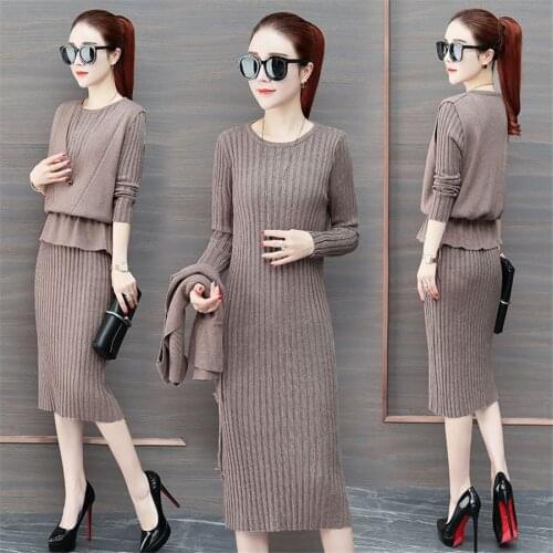2019 Autumn Winter New Women Cardigan Suspenders Vest Sweater Dress Suit Solid High Quality Long Sleeve Knitted Two Piece Sets
