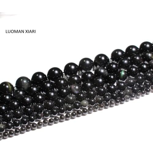LUOMAN XIARI Round Natural Obsidian Stone Beads For Jewelry Making DIY Bracelet Necklace Material 4/ 6/8/10/12/14mm Strand 15