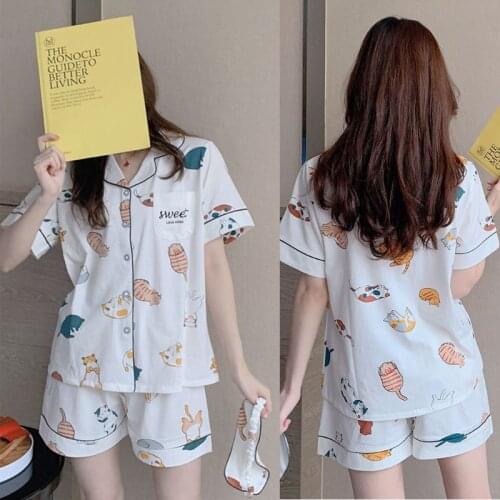 Japanese Style Women Girls Summer Cotton Pajamas Set Cute Cartoon Meow Cat Short Sleeve Sleepwear Lapel V-Neck Lovely Nightwear