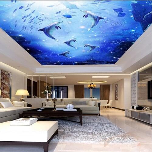 Custom 3D Photo Mural Watercolor Style Blue Sea Underwater World Dolphin Ceiling Roof Mural 3d Mural Wallpaper Ceiling Decor