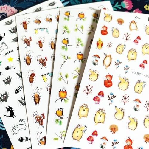 Newest HANYI-411 Hedgehog bird Cat 3d nail art sticker nail decal stamping export japan designs rhinestones decorations