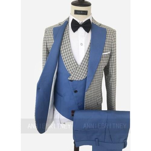 Latest Plaid Wedding Groom Suit Set Slim Fit Prom Dinner Party Men Tuxedo Blazer Custom Best Man Jacket Blue Vest Pants 3 Pieces