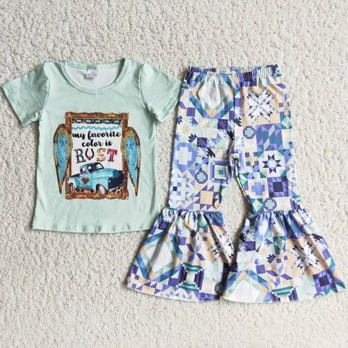 New Fashion Boutique Girls Clothing Short Sleeves Bell Bottoms Suit Fall Toddler Baby Girls Clothing Wholesale Children Outfits