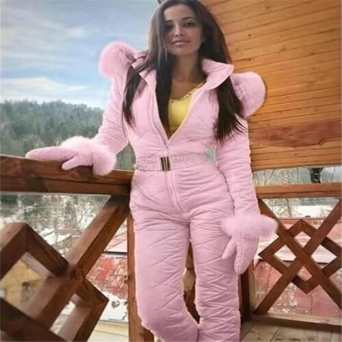 Outdoor Sports 2021 Winter New Hooded Fur Collar Warm-Keeping Cotton Clothing Pants Jumpsuit Female Ski Suit