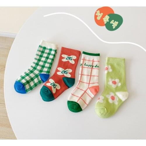 Girls New Design Fashion Color Patchwork Mid-Calf Spring Summer Socks Colorful Flowers and Plaids Quality Cotton Socks