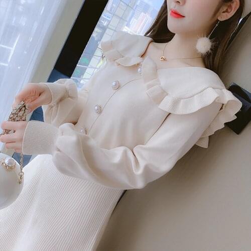 COIGARSAM Women one-piece dress korean Spring Vintage Cute Knitting Solid High Waist Full Sleeve Dresses Rice White Red Black