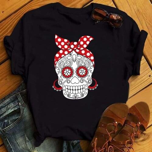 New T-shirts Women Red Spot Turban Skull Fashion Tshirts Summer Clothes Graphic Black Tshirt Top Lady Print Female Tee T-Shirt