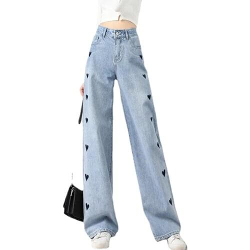 2021 High Quality Women Jeans Pants Loose Wide Leg GA Female Heart Embroidered Baggy Jeans Trousers High Waist Ladies Pants