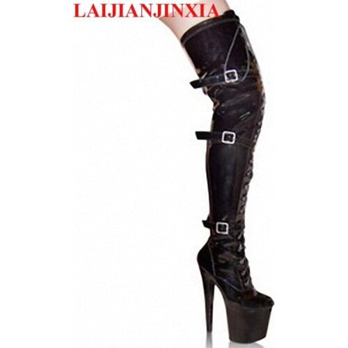 LAIJIANJINXIA 20cm high-heeled shoes platform front buckle strap tall boots round toe boots 6 inch womens boots Sexy Dance Shoes