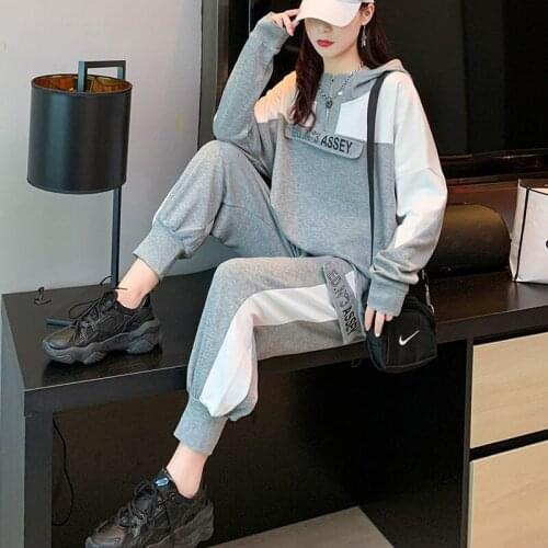 Two-piece Womens Cotton Sportswear Suit Spring and Autumn New Style Hooded Stitching Casual Sweater Two-piece Suit