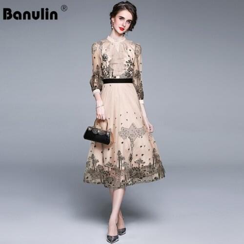 Banulin 2021 Fashion Runway Midi Dress Summer Womens Dress Half Sleeve Ruffles Lace Floral Embroidery Mesh Dress Vestidos