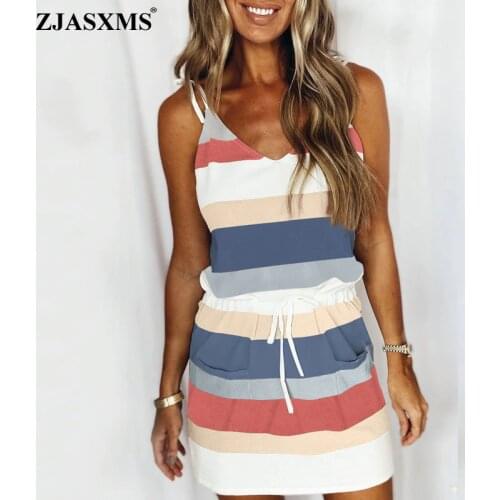 Women Striped Print V Neck Summer Beach Dress 2021 Spring Elastic Waist Bow Mini Dress Female Pockets Patchwork Sleeveless Dress